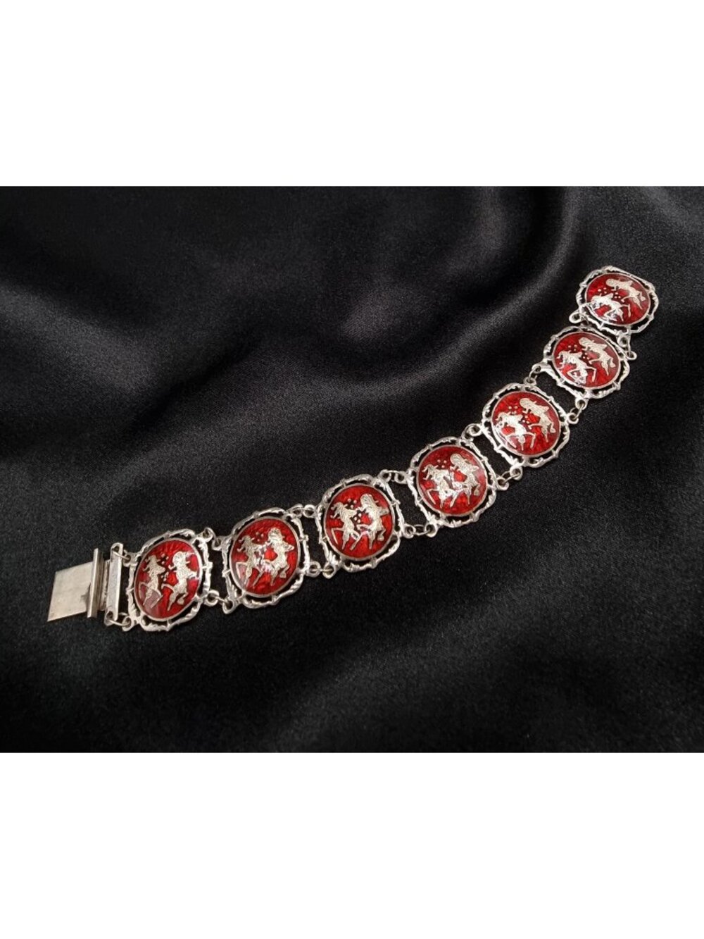 Rare Vintage Siam Signed Sterling Silver Bracelet W/ Red Enamel Panels